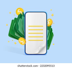 3D cartoon smartphone with coins and dollar bills. Online payment concept. Mobile wallet application. Banking app. Transfer money via smartphone. Vector 3d illustration