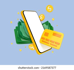 3D cartoon smartphone with credit card and money. Online payment concept. Mobile wallet application. Banking app. Transfer money via smartphone. Vector 3d illustration