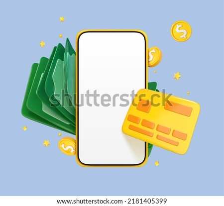 3D cartoon smartphone with credit card and money. Online payment concept. Mobile wallet application. Banking app. Transfer money via smartphone. Vector 3d illustration