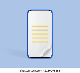 3D cartoon smartphone with document or bill on the screen. Electronic document management. Vector 3d illustration