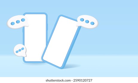 3D Cartoon Smartphone with Floating Chat Bubbles: Online Conversation, Texting, Chatting, Dialogue, Discussion, and Social Media Messaging Interaction Concept. Vector Illustration