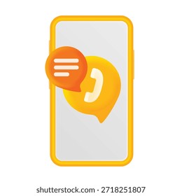 Icono de notificación de teléfono inteligente de dibujos animados 3D: teléfono móvil lindo con el símbolo de llamada de timbre y la burbuja de voz, alerta de mensaje, chat y concepto de App de redes sociales