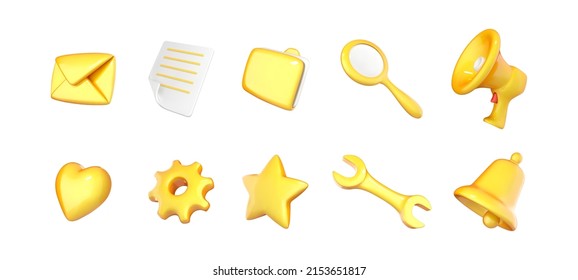 3D cartoon social media icons set, online communication symbols. Star, bell, heart, mail, magnifier, wrench, folder, gear, megaphone, document symbol. Elements for networking sites, applications.