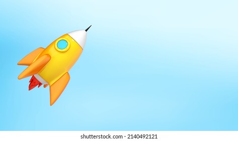 3d cartoon spaceship rocket on blue background.  Spaceship launch. Launch business product on market. Startup business concept. Vector illustration