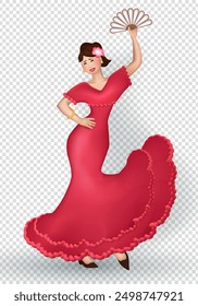 3d cartoon Spanish woman in beautiful pink dress  gracefully dancing flamenco with fan. Three dimensional female dancer performs a traditional latin dance isolated on transparent background