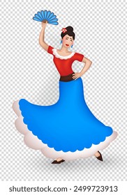 3d cartoon Spanish woman in beautiful colorful dress  gracefully dancing flamenco with fan. Three dimensional Female Hispanic dancer isolated on transparent background