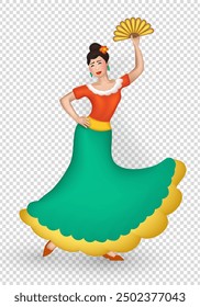 3d cartoon Spanish Woman in long colorful dress and flower in her hair dancing flamenco with fan on transparent background. Three dimensional cheerful female Hispanic dancer performing a choreography