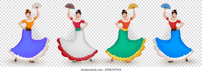 Dibujos animados 3D Español Mujeres en hermosos vestidos bailando flamenco con gracia con abanico. Bailarinas tridimensionales realizan una danza tradicional hispana aislada sobre fondo transparente