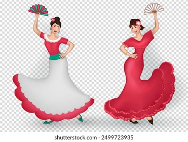 Dibujos animados 3D Español Mujeres en hermosos vestidos bailando flamenco con gracia con abanico. Bailarinas tridimensionales realizan una danza tradicional hispana aislada sobre fondo transparente