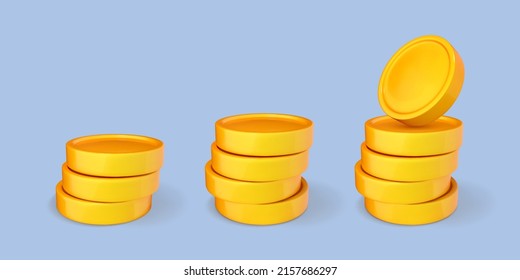 3D cartoon stack of gold coins isolated on blue background. Cash money set. Business financial investment concept. Vector 3d illustration