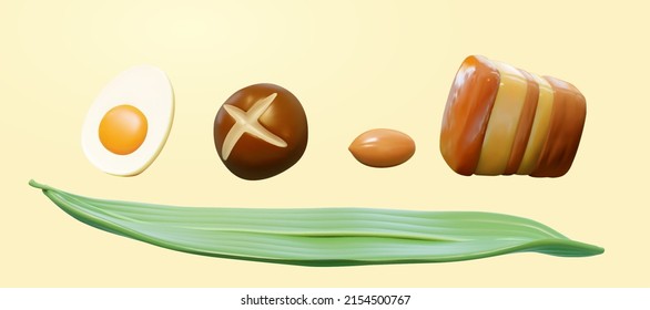 3D cartoon sticky rice dumpling food ingredients and wrapping leaves. Duanwu Zongzi elements isolated on yellow background