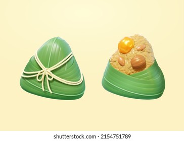 3D cartoon sticky rice dumplings, one tied with thread and the other half wrapped. Duanwu Festival food isolated on yellow background