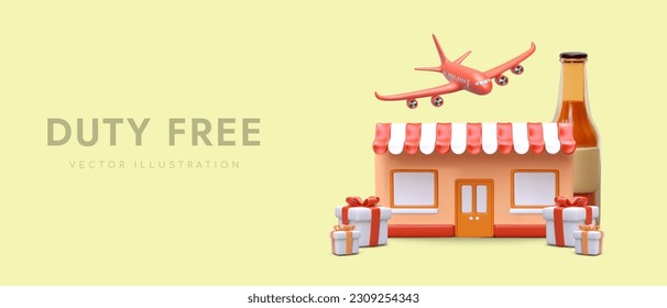 3d cartoon store, plane, bottle of beer and gift boxes. Advertising web page for order and buying products in duty free. Vector illustration in orange with yellow background