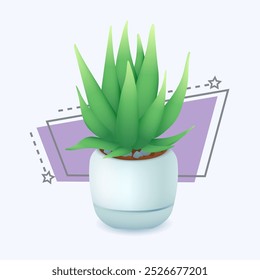 Estilo de desenho 3d aloe no pote ícone no fundo branco. Planta doméstica verde em vetor plano vetor pote de flor ilustração. Jardinagem, natureza, folhagem, crescimento, conceito de ecologia