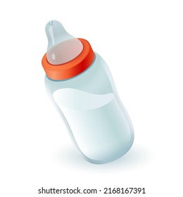 3d cartoon style baby bottle with milk icon on white background. Realistic colorful feeding bottle flat vector illustration. Newborn, infant, nutrition, health, nourishment concept