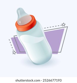 3d cartoon style baby bottle with milk icon on white background. Realistic colorful feeding bottle flat vector illustration. Newborn, infant, nutrition, health, nourishment concept