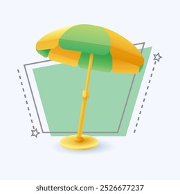 3d cartoon style beach umbrella icon on white background. Colorful striped sunshade flat vector illustration. Heat protection on hot days, summer, resort concept