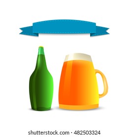 3D cartoon style Beer bottle, beer glass with vintage ribbon. Isolated on white background. Vector illustration