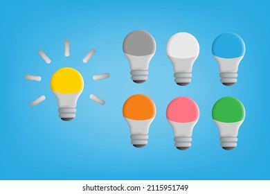 Estilo de dibujos animados 3D de la colección de conjuntos de ideas de luz de bombilla en objeto multicolor. Ilustración del vector