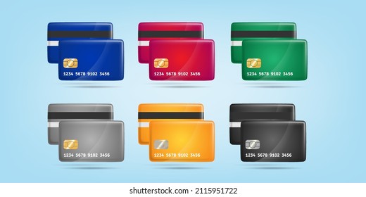 3D cartoon style of card payment in multicolor, blue, red, green, grey, yellow, gold and black, with shadow highlight effect. Vector illustration