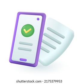 3d cartoon style checkmark on phone screen icon. Success message notification or document scanning on white background flat vector illustration. Paperwork, agreement concept