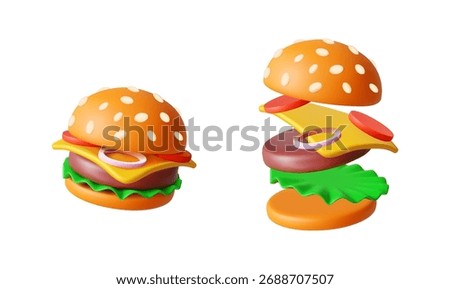 3D cartoon style cheeseburger with layers floating in air. Bright colors highlight each delicious ingredient. Perfect for foodrelated designs and concepts.