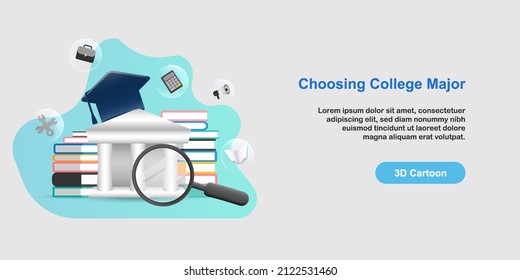3D cartoon style. College major research concept. University building with book stack and magnifier with degree option selection. Vector illustration