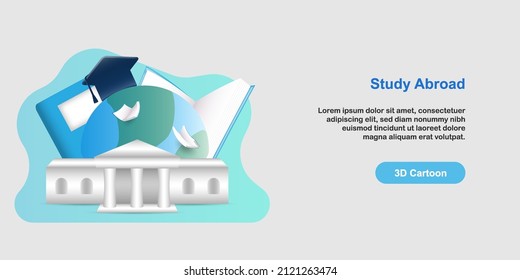 3D cartoon style. College university study abroad concept. School building with earth globe, cap graduation and book. Vector illustration