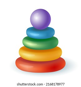3d cartoon style colorful toy pyramid icon on white background. Realistic childrens toy for playing games flat vector illustration. Recreation, entertainment, development concept