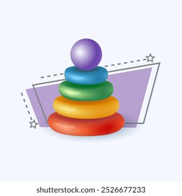 3d cartoon style colorful toy pyramid icon on white background. Realistic childrens toy for playing games flat vector illustration. Recreation, entertainment, development concept