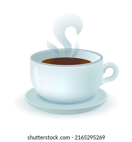 3d cartoon style cup of hot tea and saucer icon. Mug of coffee or hot drink with steam on white background flat vector illustration. Beverage, morning, energy concept