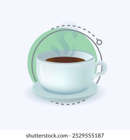 3d cartoon style cup of hot tea and saucer icon. Mug of coffee or hot drink with steam on white background flat vector illustration. Beverage, morning, energy concept