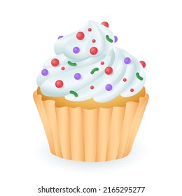 3d cartoon style cupcake with whipped cream and sprinkles icon. Realistic sweet dessert or muffin on white background flat vector illustration. Pasty, party, unhealthy food concept