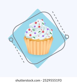 Cupcake de estilo de dibujos animados 3D con crema batida e icono de espolvorear. Postre dulce realista o muffin sobre fondo blanco Ilustración vectorial plana. Pastoso, partido, concepto de comida poco saludable