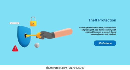 3D cartoon style. Data protection concept. Theft hand wearing black glove holding key, try to breaking shield security, with padlock, warning sign icon. vector design illustration