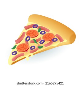 3.ª caricatura estilo deliciosa rebanada de ícono de pizza. Pieza de pizza con verduras frescas, tomates, aceitunas y queso de ilustración vectorial plana. Comida rápida o basura. Concepto de dieta no saludable