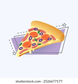 Estilo de dibujos animados 3D deliciosa rebanada de icono de pizza. Pieza de pizza con verduras frescas, tomates, aceitunas y queso Ilustración vectorial plana. Comida rápida o chatarra. Concepto de dieta poco saludable