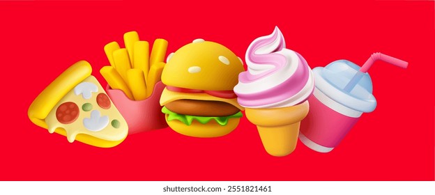 Design 3d estilo cartoon da coleção de fast food. Hambúrguer, sorvete, batatas fritas, pizza e refrigerante de cola. Ilustração vetorial de conjunto realista de ícone de fast food com pizza, sorvete, batatas fritas, pizza, refrigerante