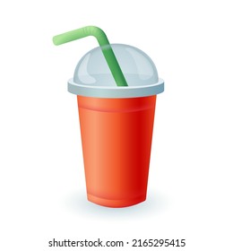 3d cartoon style disposable cap with dome lid and straw icon. Realistic takeaway plastic juice, smoothie, coffee or cocktail cup on white background flat vector illustration. Beverage, drink concept