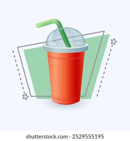 3d cartoon style disposable cap with dome lid and straw icon. Realistic takeaway plastic juice, smoothie, coffee or cocktail cup on white background flat vector illustration. Beverage, drink concept