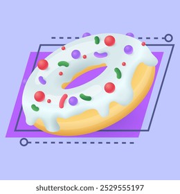 3d estilo de desenho animado donut com gelo e polvilhos ícone. Doce e deliciosa ilustração de vetor plana de rosca esmaltada ou fosca. Sobremesa, padaria, alimentos não saudáveis, tratar conceito