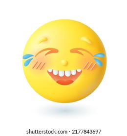 3d cartoon style emoticon crying with laughter icon. Happy yellow face having fun, laughing flat vector illustration. Emotion, joy, expression, happiness, communication concept