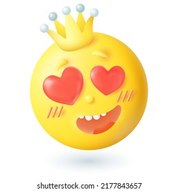3d cartoon style emoticon with hearts in eyes and crown icon. Happy yellow face falling in love flat vector illustration. Romance, valentine, emotion, feelings concept