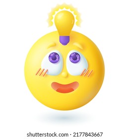 3d cartoon style emoticon with lightbulb on his head icon. Cute yellow face having creative idea flat vector illustration. Innovation, idea, solution, creativity concept