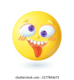 3d cartoon style emoticon putting out tongue icon. Crazy yellow face having fun, playing tricks flat vector illustration. Emotion, expression, joy, happiness concept