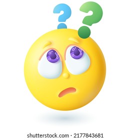 3d cartoon style emoticon with question marks above head icon. Confused yellow face thinking, looking for solution flat vector illustration. Emotion, expression, decision, choice concept