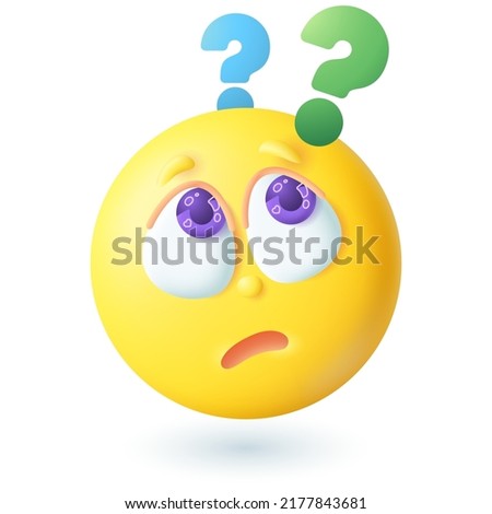 3d cartoon style emoticon with question marks above head icon. Confused yellow face thinking, looking for solution flat vector illustration. Emotion, expression, decision, choice concept