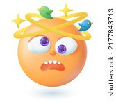 3d cartoon style emoticon seeing stars and birds above head icon. Yellow face with open mouth feeling dizzy or sick flat vector illustration. Emotion, illness concept