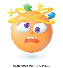 3d Cartoon Style Emoticon Seeing Stars And Birds Above Head Icon. Yellow Face With Open Mouth Feeling Dizzy Or Sick Flat Vector Illustration. Emotion, Illness Concept