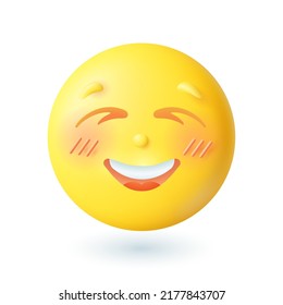 3d cartoon style emoticon smiling with closed eyes icon. Cute happy yellow face with blush flat vector illustration. Emotion, expression, social media, happiness concept